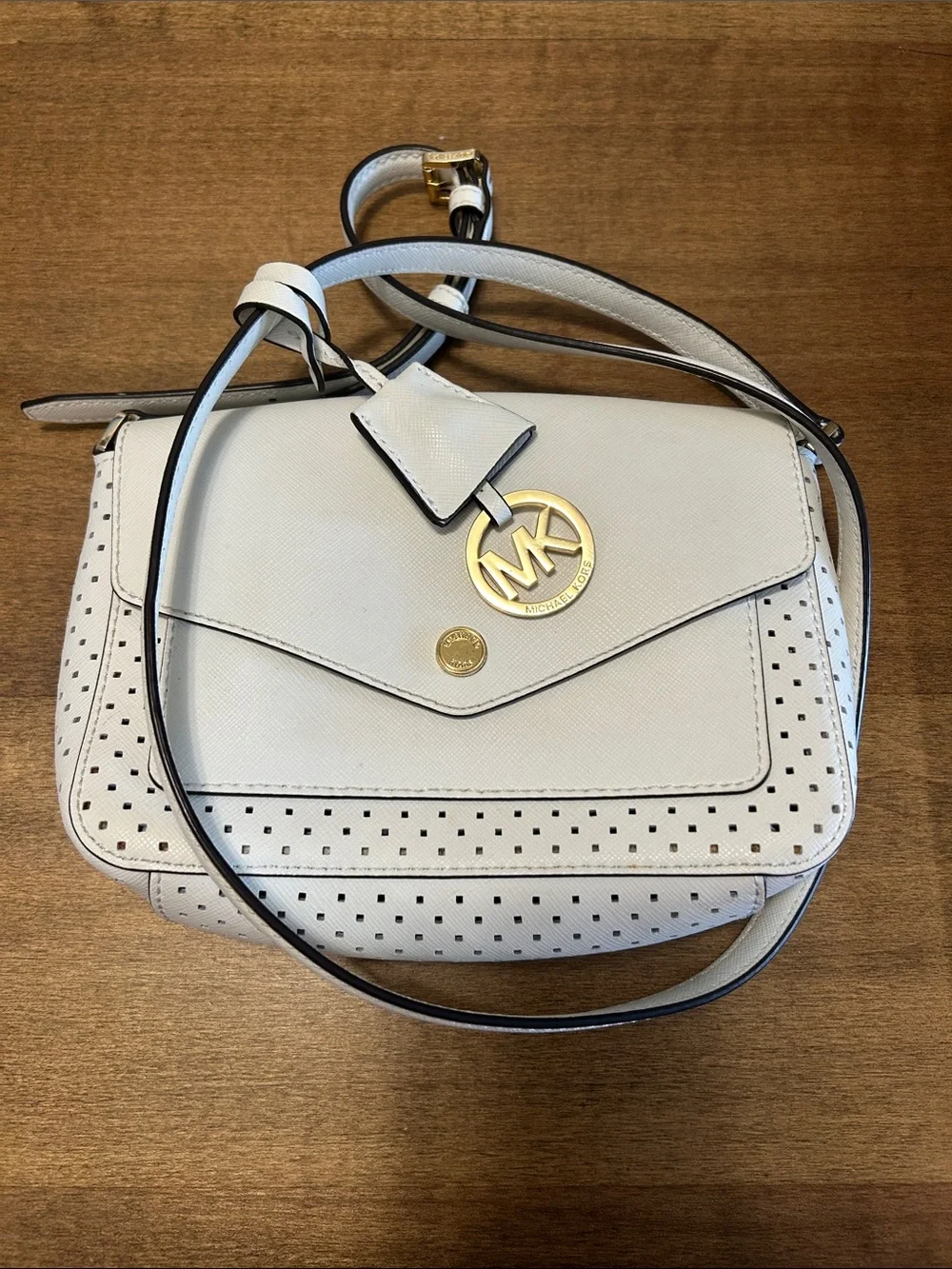 Michael Kors Cream Perforated Leather Crossbody with Gold MK Charm
